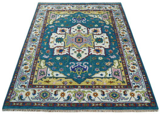 Hand Knotted Medallion Heriz Serapi Rug Teal and Gold Multi Size Ideal for Living, Bedroom, and Dining Rooms | CP699