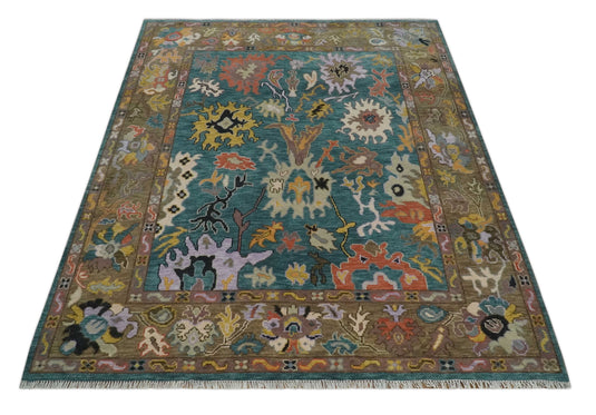 Hand Knotted Oriental Colorful Oushak Rug Blue and Brown Multi Size Ideal for Living, Bedroom, and Dining Room