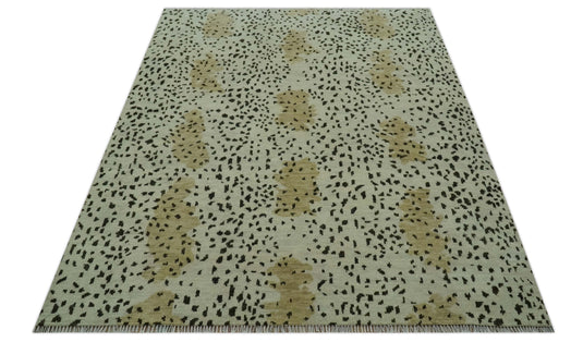 Custom Made Leopard Print Ivory, Olive And Charcoal Hand Knotted Wool Area Rug