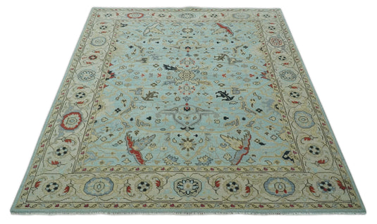 Vintage Antique Oushak Light Blue, Beige And Red Hand Knotted 8x10 ft Bedroom, Living Room Rug Wool Area Rug