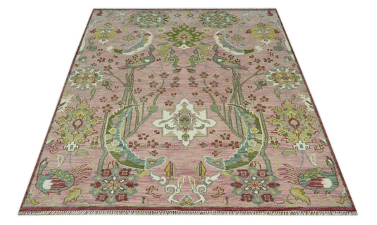 Peach, Green, Olive And Beige Antique Floral Jungle Hand Knotted 8x10 ft Wool Rug, Living Room Rug