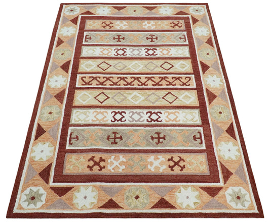 Custom Made Geometrical Maroon, Ivory, Beige And Light peach Hand Tufted  Wool Area Rug