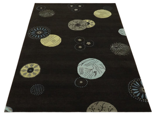 Modern Geometrical Pattern Handloom Dark Brown 5x8 ft Bedroom, Living Room Rug , Wool, Art Silk  Area Rug AAOC1058