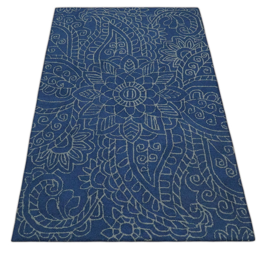 Custom Made Floral Pattern Blue And Gray Hand Tufted  Wool Area Rug