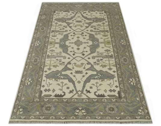 Custom Made Hand Knotted White, Gray And Olive Oriental Oushak Rug Wool Area Rug