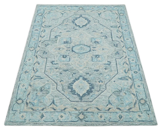 Custom Made Gray, Blue, Aqua And Beige Traditional Medallion Pattern Hand Tufted Wool Area Rug