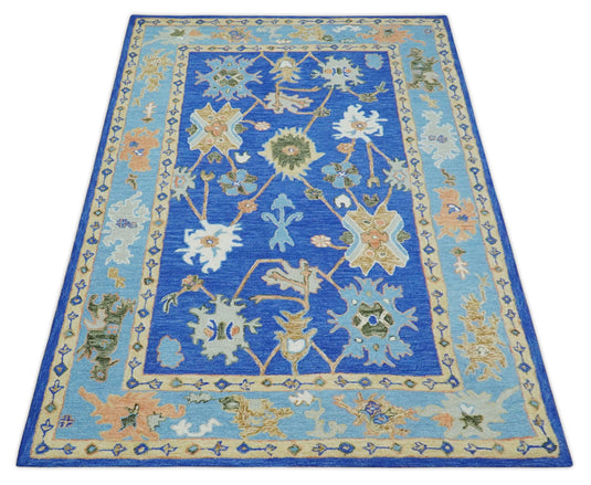 Custom Made Traditional Oushak Blue, Aqua And Camel Hand Tufted  Wool Area Rug