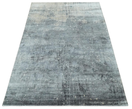 Modern Abstract Gray And Charcoal Hand Knotted 5.9x8.5 ft Bedroom, Living Room Rug Bamboo Silk Area Rug