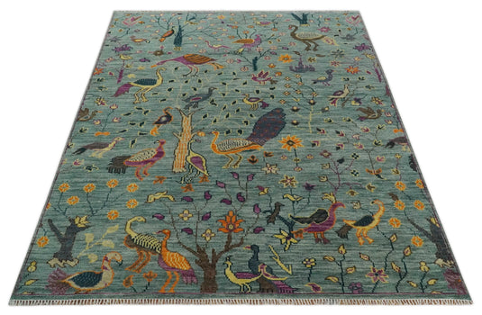 Custom Made Versatile Green Antique Look Jungle Life Hand-Knotted Wool Area Rug