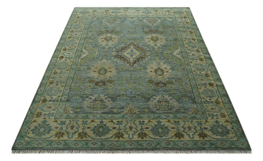 Custom Made Hand Knotted Green And Blue Floral Wool Area Rug