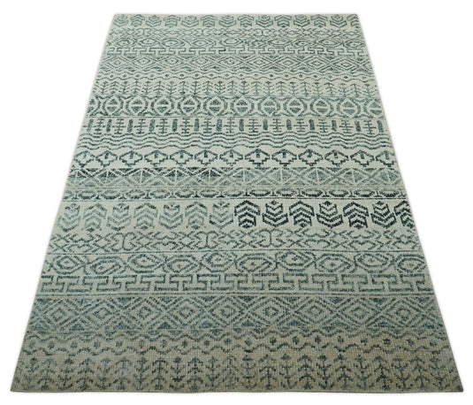 Tribal Trellis Gray And Silver Hand Knotted 5x8 ft Wool Area Rug