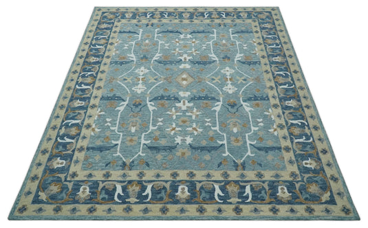 Custom Made Oriental Blue, Beige, Brown And Ivory Hand Tufted Wool Area Rug