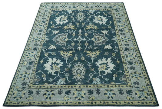 Custom Made Traditional Floral Pattern Dark Teal, Beige, Silver and Ivory Hand Knotted wool Area Rug