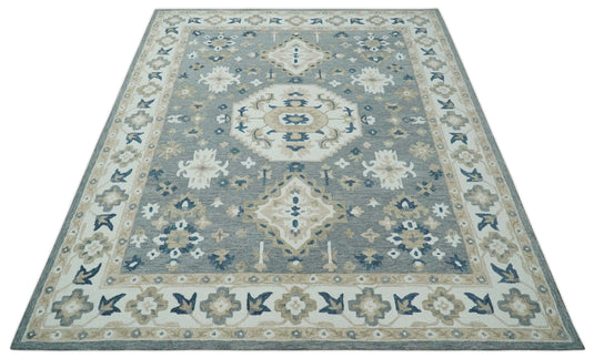 Custom Made Gray, Blue, Beige And Ivory Traditional Medallion Hand Tufted Wool Area Rug