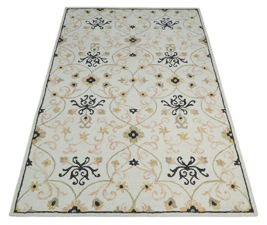 Custom Made Hand Tufted Ivory, Black And Peach Wool Area Rug