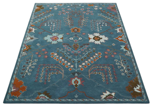 Custom Made Tree Of Life Teal Blue, Brown And Red Hand Tufted Wool Area Rug