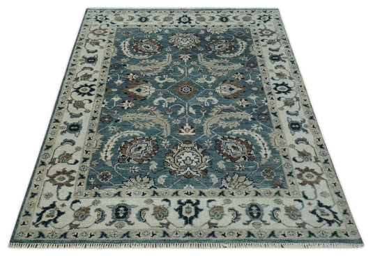 Hand Knotted Traditional Antique Oushak Rug Blue and Ivory Multi Size Ideal for Living, Bedroom, and Dining Rooms | CP1600