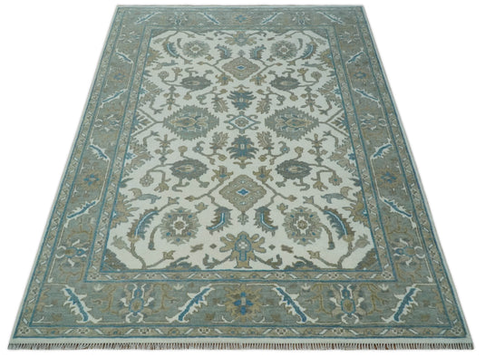 Hand Knotted Oriental Oushak Rug Ivory, Grey and Teal Multi Size Ideal for Living, Bedroom, and Dining Rooms | CP1702