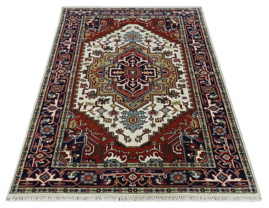 Hand Knotted Heriz Serapi Rug Ivory, Rust and Navy Blue 5x8 ft Ideal for Living, Bedroom, and Dining Rooms | CP189458S