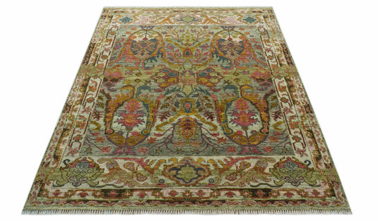 Custom Made Green, Pink, Gold And Silver Traditional Hand Knotted Wool Area Rug