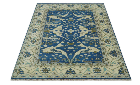 Custom Made Hand Knotted Oriental Oushak Blue, Ivory And Olive Wool Area Rug