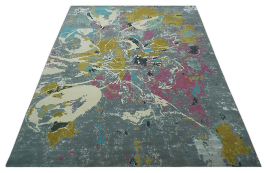 Colorful Abstract Gray, Olive, Ivory and Pink Hand Knotted 10x14 and 12x15 ft Bedroom, Living Room Rug Wool Area Rug