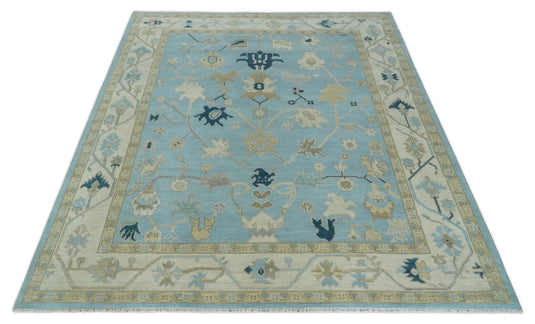 Custom Made Hand Knotted Oushak Blue, Ivory And Beige Wool Area Rug