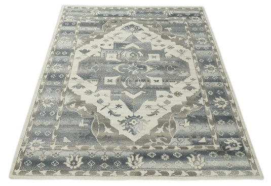 Traditional Persian Ivory, Gray, Charcoal and Greenish Gray Hand knotted 8x10 ft wool Area Rug