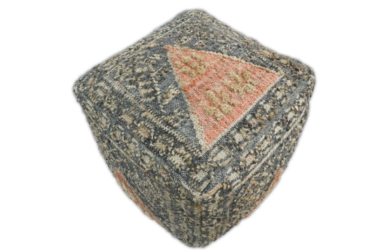 Charcoal, Orange And Beige Boho Tribal Wool And Jute Footstool, Seat, Foot Rest Living Room, Bedroom-(FC)