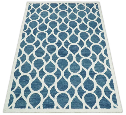 Custom Made Modern Trellis Pattern Blue And Ivory Hand Tufted Wool Area Rug