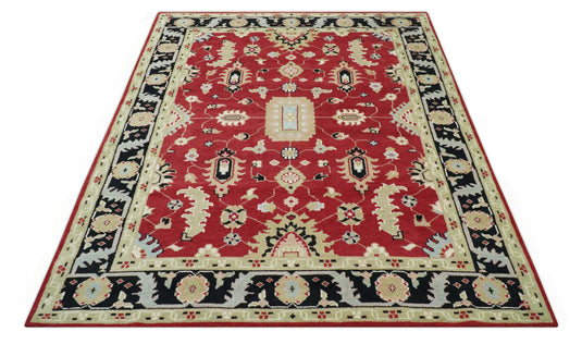 Custom Made Traditional Oriental Red, Black And Beige Hand Knotted Wool Area Rug