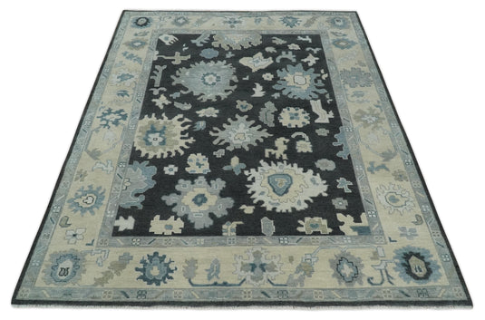 Custom Made Oriental Oushak Hand Knotted Black, Ivory And Gray Wool Area Rug