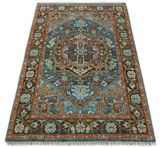 Custom Made Blue, Charcoal, Rust And Green Heriz Serapi Hand Knotted Wool Area Rug