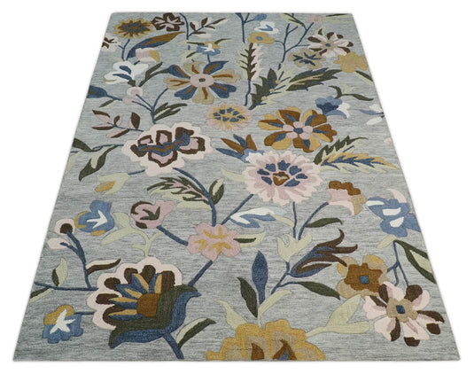 Custom Made Colorful Floral Pattern Gray, Peach, Ivory, Gold And Brown Hand Tufted  Wool Area Rug