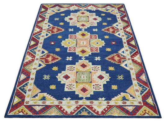 Custom Made Blue, Maroon, Olive, Ivory And Light Peach Hand Tufted  Wool Area Rug