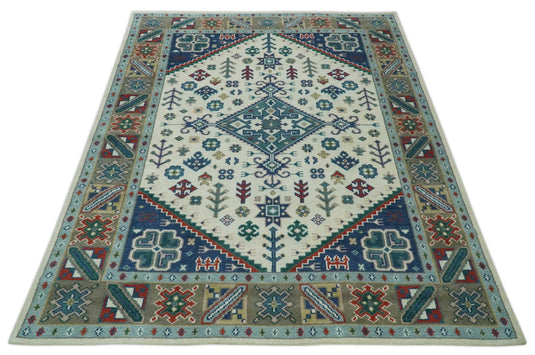 Tribal Pattern Ivory, Blue and Red Hand Knotted 8x10 ft wool Area Rug