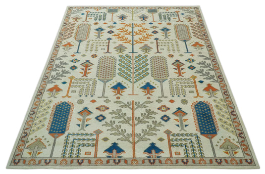 Tree Of Life Traditional Floral Ivory, Gray, Orange and Blue Hand Knotted 8x10 ft wool Area Rug