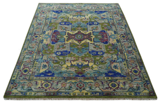 HandKnotted Heriz Serapi Rug Green and Blue Ideal for Living, Bedroom, and Dining Room 5x8, 6x9, 8x10, 9x12 and 10x14 Wool Rug