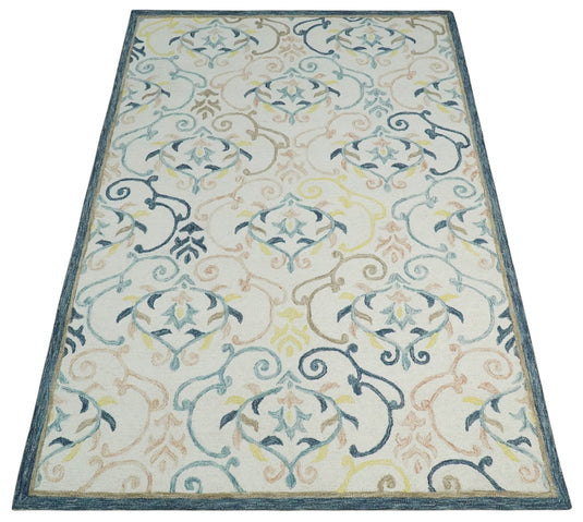 Custom Made Floral Pattern Ivory, Blue, Yellow And Brown Hand Tufted  Wool Area Rug