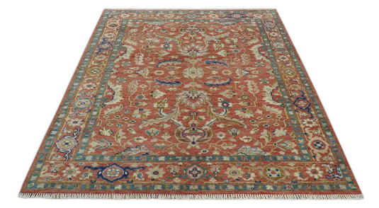 Rust, Blue, Ivory And Teal Persian Floral Hand Knotted 8x10 ft Bedroom, Living Room Rug Wool Area Rug