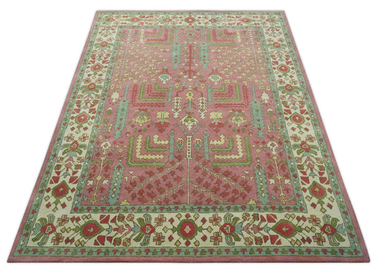 Tree Of Life Pink, Ivory And Green Hand Tufted 8x10 ft Bedroom, Living Room Rug Wool Area Rug