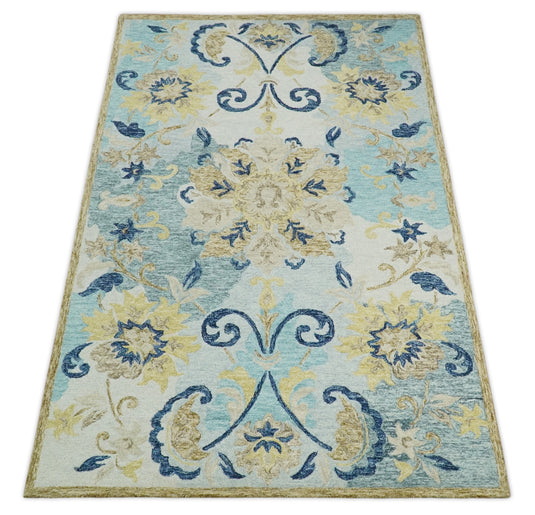 Custom Made Floral Blue, Camel, Beige And Ivory Hand Tufted Wool Area Rug