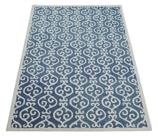 Custom Made Blue and Ivory Trellis Pattern Hand Tufted  Wool Area Rug