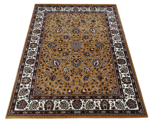 Traditional Floral Brown And White Hand Woven 5x7 ft Bedroom, Living Room Rug Wool Area Rug