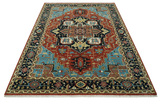 Blue, Black, Rust And Beige Traditional Serapi Hand Knotted Wool Rug 9x12 ft Ideal for Living, Bedroom And Dining Rooms | CP2455912