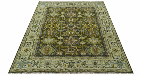 Traditional Vintage Style Earthy Green and Silver Hand Knotted Wool Rug 8x10 ft Ideal for Living, Bedroom And Dining Rooms