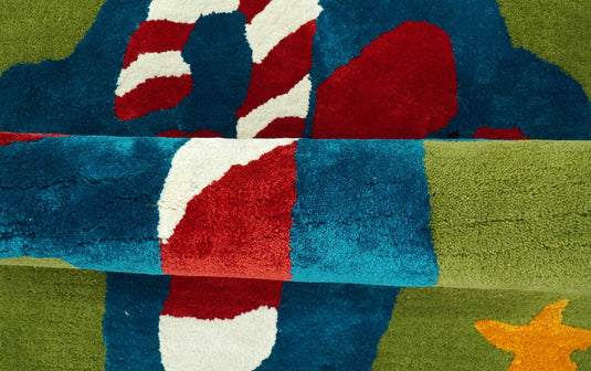 Christmas Candy Cane Green, Blue And Red Hand Tufted 2x3 ft Bedroom, Kids Room Rug Wool Area Rug