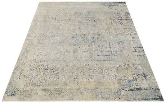 Traditional Floral Silver, Beige And Charcoal Hand Knotted 8x10 ft Bedroom, Living Room Rug Wool And Original Silk Area Rug