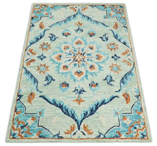 Custom Made Traditional Beige And Blue Hand Tufted Wool Area Rug