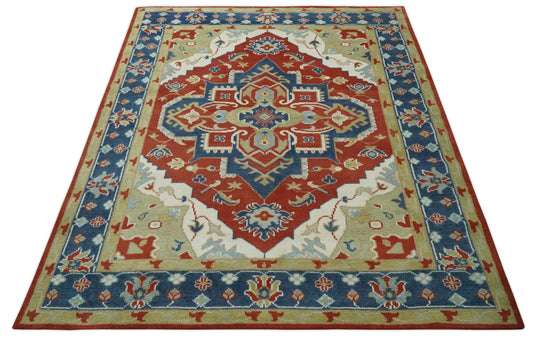 Custom Made Traditional Medallion Pattern Red, Blue, Ivory and Olive Hand Knotted wool Area Rug